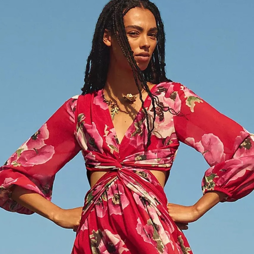 Anthropologie Ranna Gill Motif Floral Cutout Dress in Red Size Small